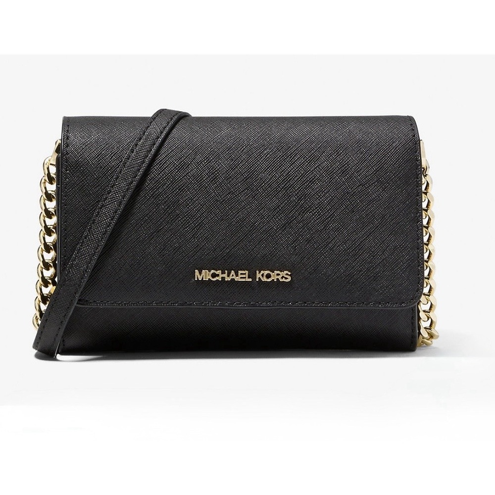 Michael‎ Kors Jet Set Saffiano Leather Smartphone Crossbody Black Gold Timeless